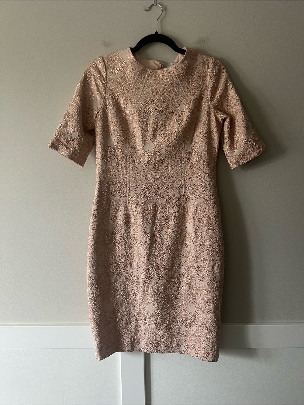 Rickie Freeman Teri Jon Rose Gold Metallic Brocade Floral Cocktail Dress 8